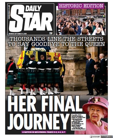 Daily Star (UK) Newspaper Front Page for 12 September 2022