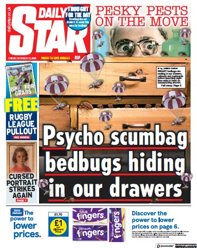 Daily Star (UK) Newspaper Front Page for 13 October 2023