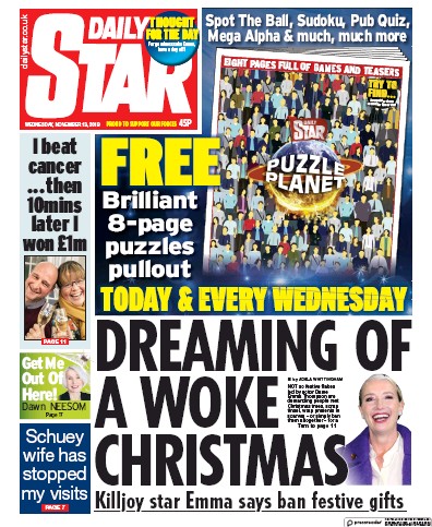 Daily Star (UK) Newspaper Front Page for 13 November 2019