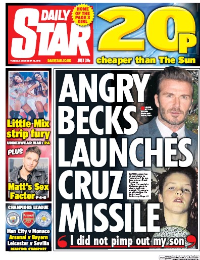 Daily Star (UK) Newspaper Front Page for 13 December 2016
