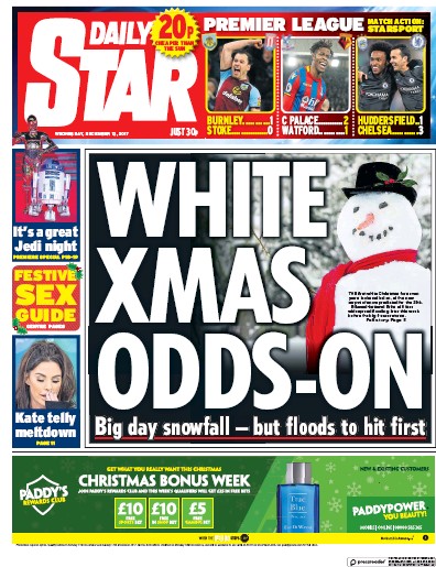 Daily Star (UK) Newspaper Front Page for 13 December 2017