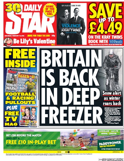 Daily Star Newspaper Front Page for 13 February 2016