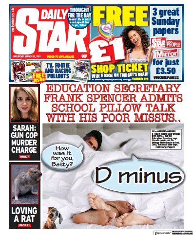 Daily Star (UK) Newspaper Front Page for 13 March 2021