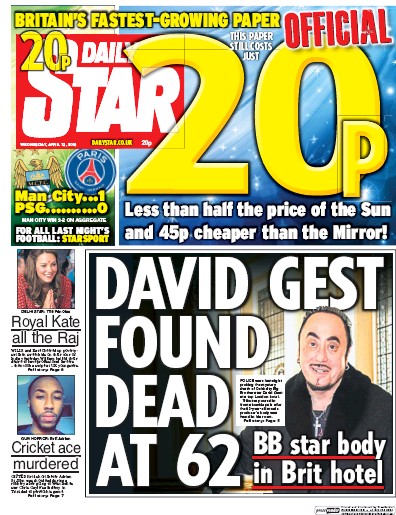 Daily Star Newspaper Front Page for 13 April 2016