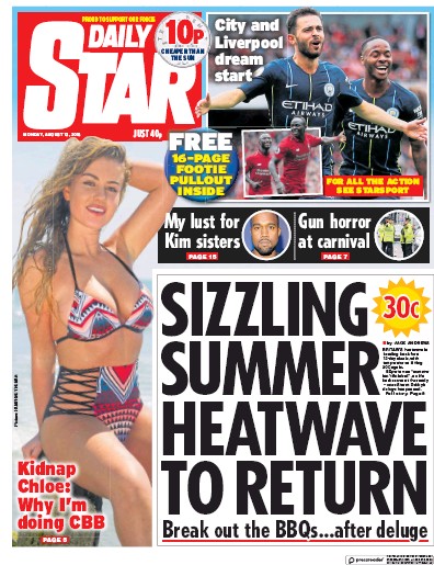 Daily Star (UK) Newspaper Front Page for 13 August 2018
