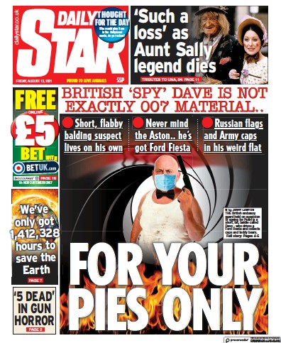Daily Star (UK) Newspaper Front Page for 13 August 2021
