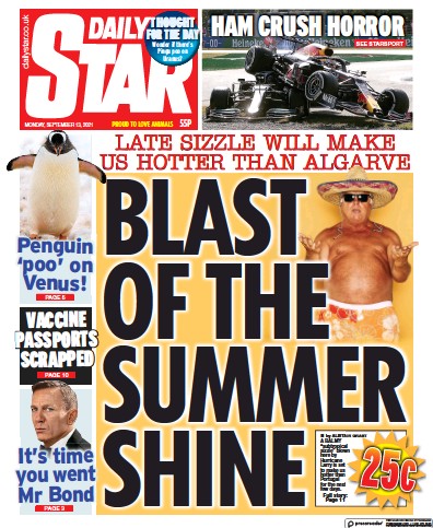 Daily Star (UK) Newspaper Front Page for 13 September 2021