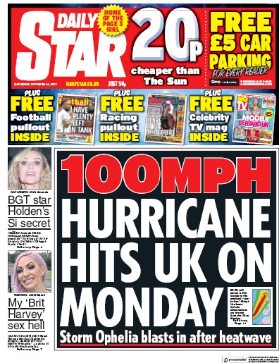 Daily Star (UK) Newspaper Front Page for 14 October 2017