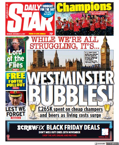 Daily Star (UK) Newspaper Front Page for 14 November 2022