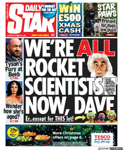 Daily Star (UK) Newspaper Front Page for 14 December 2021