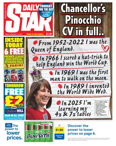 Daily Star (UK) Newspaper Front Page for 14 February 2025
