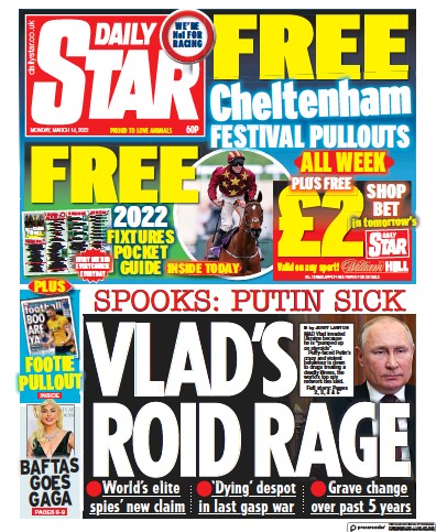 Daily Star (UK) Newspaper Front Page for 14 March 2022