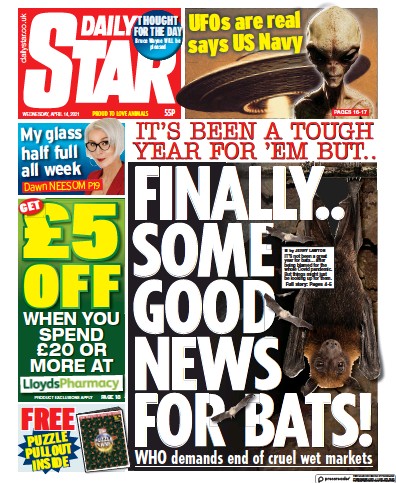 Daily Star (UK) Newspaper Front Page for 14 April 2021
