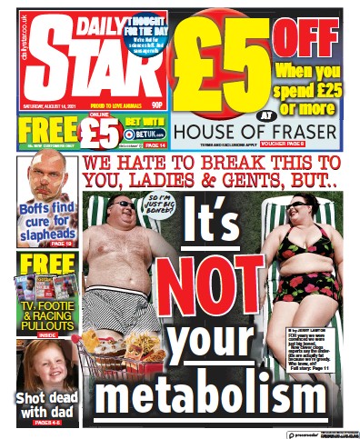 Daily Star (UK) Newspaper Front Page for 14 August 2021