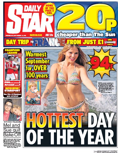 Daily Star Newspaper Front Page for 14 September 2016