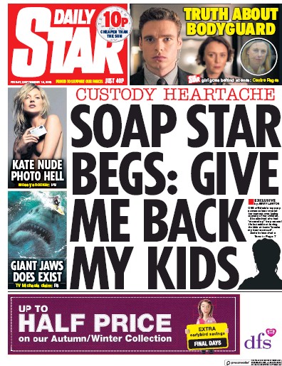 Daily Star (UK) Newspaper Front Page for 14 September 2018