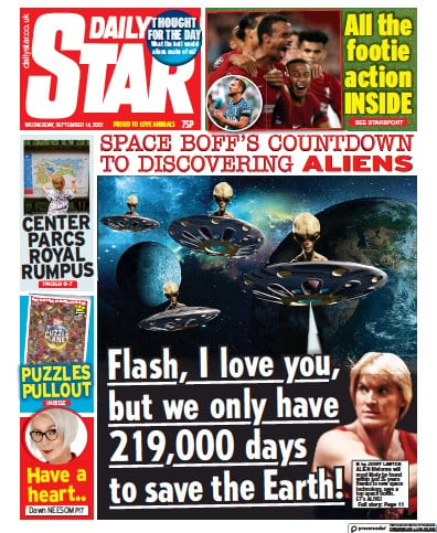 Daily Star (UK) Newspaper Front Page for 14 September 2022