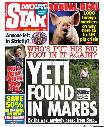 Daily Star (UK) Newspaper Front Page for 15 October 2021