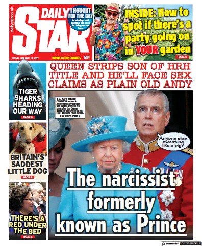 Daily Star (UK) Newspaper Front Page for 15 January 2022