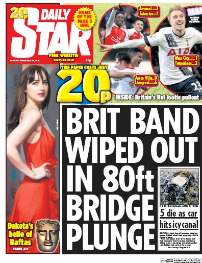 Daily Star (UK) Newspaper Front Page for 15 February 2016