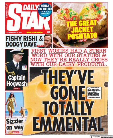 Daily Star (UK) Newspaper Front Page for 15 April 2021