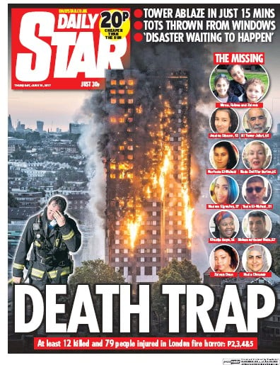 Daily Star Newspaper Front Page for 15 June 2017