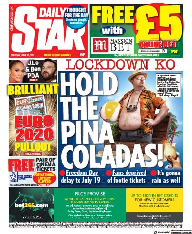Daily Star (UK) Newspaper Front Page for 15 June 2021