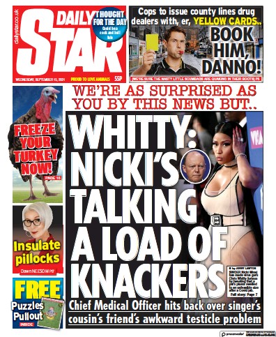 Daily Star (UK) Newspaper Front Page for 15 September 2021