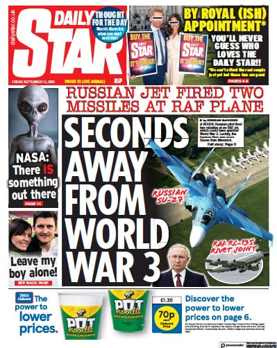 Daily Star (UK) Newspaper Front Page for 15 September 2023