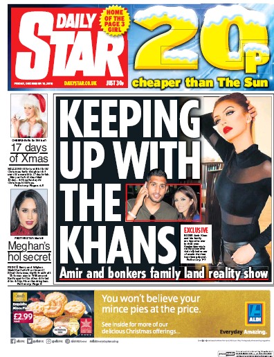 Daily Star (UK) Newspaper Front Page for 16 December 2016