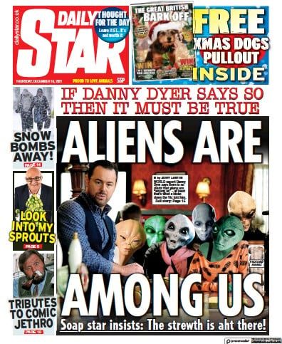 Daily Star (UK) Newspaper Front Page for 16 December 2021