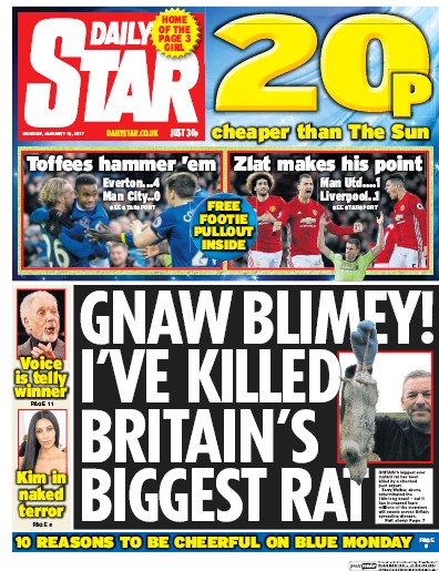 Daily Star (UK) Newspaper Front Page for 16 January 2017
