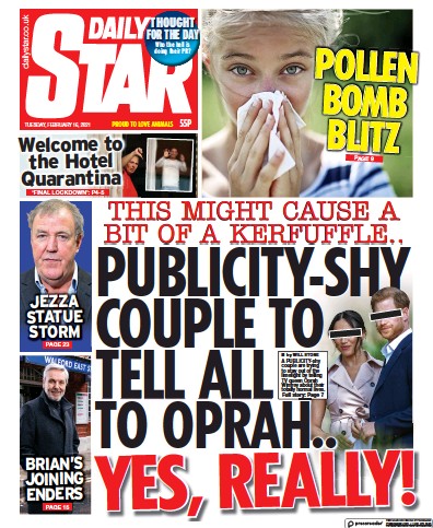 Daily Star (UK) Newspaper Front Page for 16 February 2021