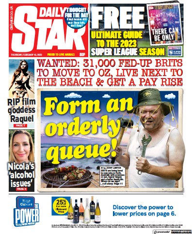 Daily Star (UK) Newspaper Front Page for 16 February 2023