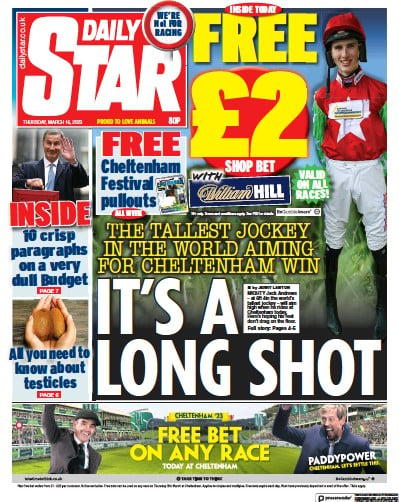 Daily Star (UK) Newspaper Front Page for 16 March 2023