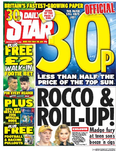 Daily Star (UK) Newspaper Front Page for 16 April 2016