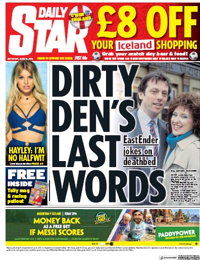 Daily Star (UK) Newspaper Front Page for 16 June 2018