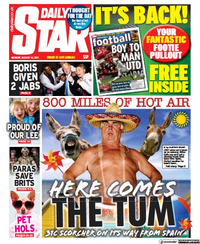 Daily Star (UK) Newspaper Front Page for 16 August 2021