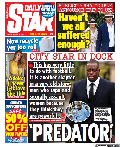 Daily Star (UK) Newspaper Front Page for 16 August 2022