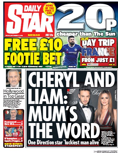 Daily Star Newspaper Front Page for 16 September 2016