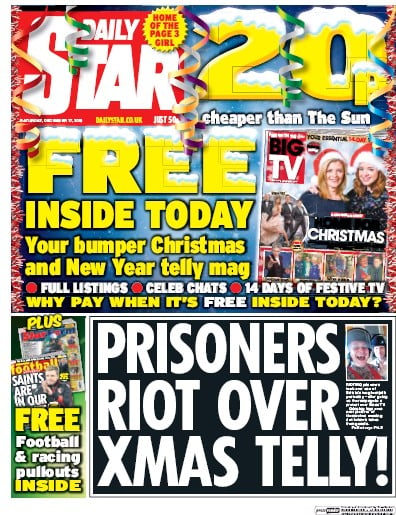 Daily Star (UK) Newspaper Front Page for 17 December 2016