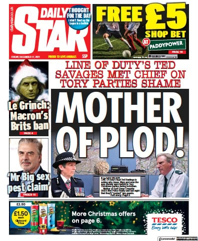 Daily Star (UK) Newspaper Front Page for 17 December 2021