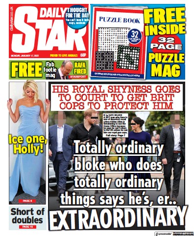 Daily Star (UK) Newspaper Front Page for 17 January 2022