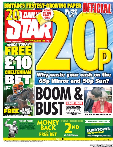 Daily Star (UK) Newspaper Front Page for 17 March 2016