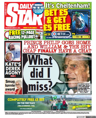 Daily Star (UK) Newspaper Front Page for 17 March 2021