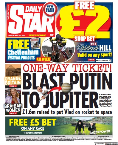Daily Star (UK) Newspaper Front Page for 17 March 2022