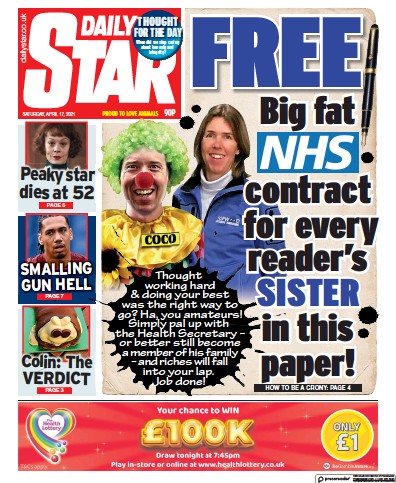 Daily Star (UK) Newspaper Front Page for 17 April 2021