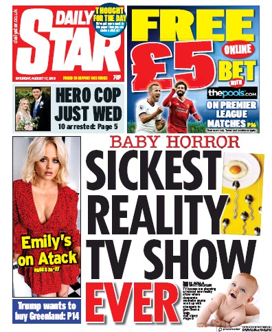 Daily Star (UK) Newspaper Front Page for 17 August 2019