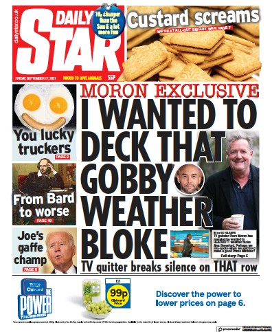 Daily Star (UK) Newspaper Front Page for 17 September 2021