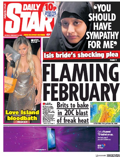 Daily Star Newspaper Front Page for 18 February 2019
